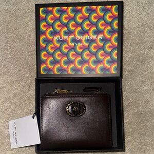 Kurt Geiger Dark Brown Leather Zip Card Wallet with Gold Emblem
